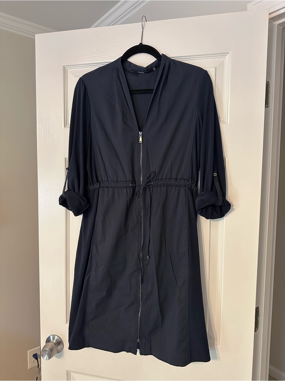 Tahari Navy Zip-Front Drawstring Shirt Dress